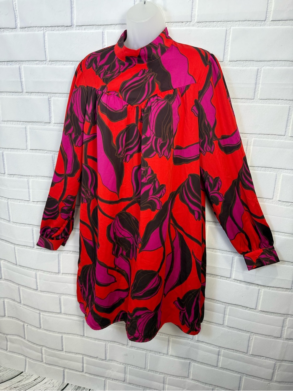 Who What Wear Floral Mock Neck Shift Dress Size L Red Pink Long Sleeve Pockets - Picture 4 of 12